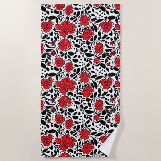 bloemmotief in rood, zwart en wit strandlaken (Voorkant)