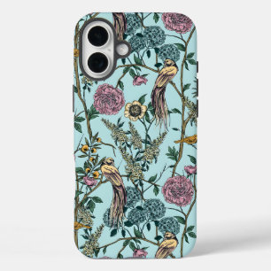 Bloemmotief in vintage stijl in blauw iPhone 16 plus hoesje