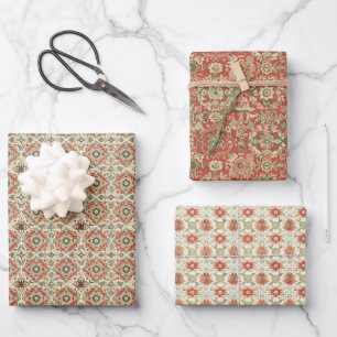  bloemmotief in warm rood, koraal inpakpapier vel