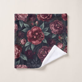 Bloemmotief in waterverf donkerrood met stemming washandje