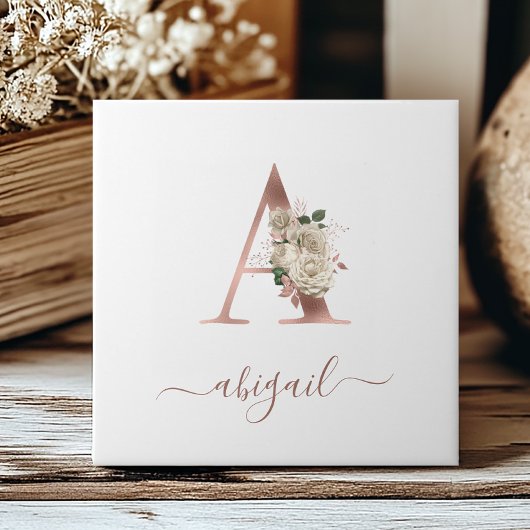 Bloemmotief Ivoor Roze Gouden Monogram Letter "A" Tegeltje