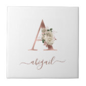 Bloemmotief Ivoor Roze Gouden Monogram Letter "A" Tegeltje (Voorkant)