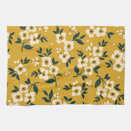 bloemmotief, kleine witte bloemetjes. theedoek (Horizontaal)