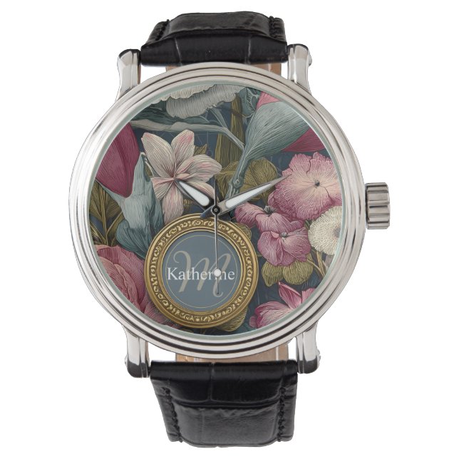  bloemmotief met aangepaste naam horloge (Voorkant)