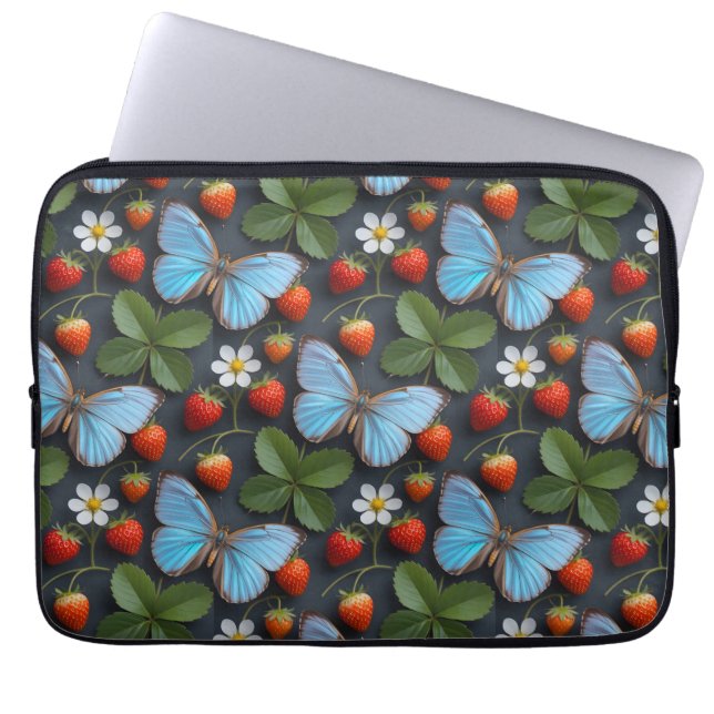 Bloemmotief met Blauwe Morpho Vlinders Laptop Sleeve (Voorkant)