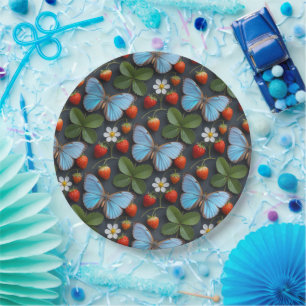 Bloemmotief met Blauwe Morpho Vlinders Papieren Bordje