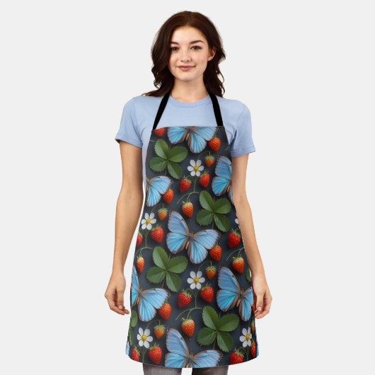 Bloemmotief met Blauwe Morpho Vlinders Schort (Gedragen)