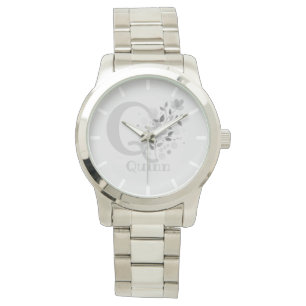 Bloemmotief met cijfers, naam en initiaal dames horloge