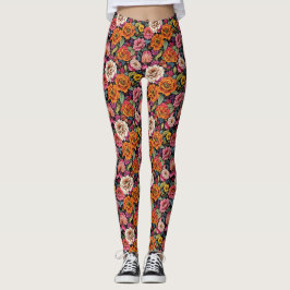  bloemmotief met felle kleuren op zwart leggings