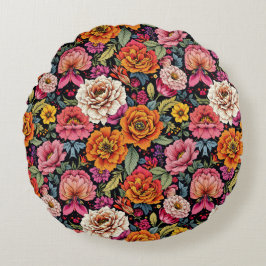  bloemmotief met felle kleuren op zwart rond kussen