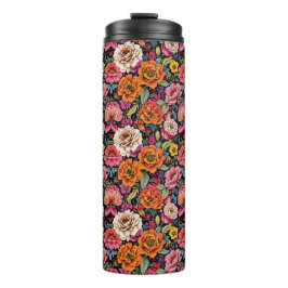  bloemmotief met felle kleuren op zwart thermosbeker