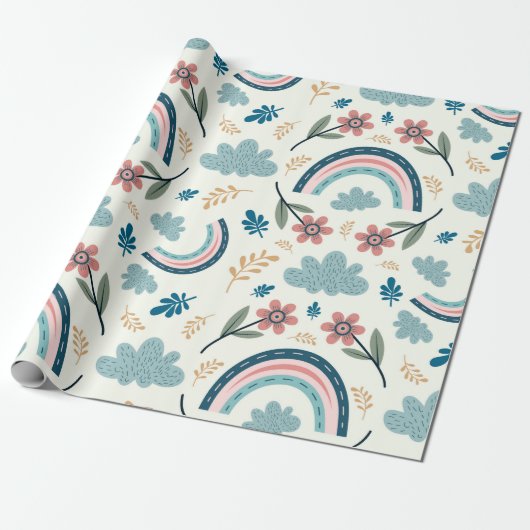 Bloemmotief met regenboog- en wolkenvormen cadeaupapier (Uitgerold)