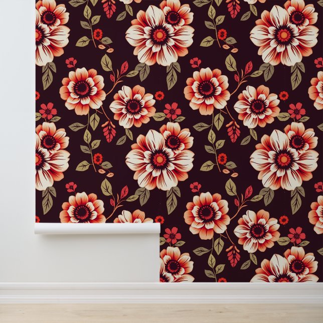  bloemmotief met rode bloesems behang (Applicatie)