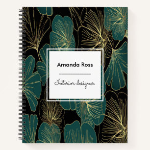 Bloemmotief met zwarte bloemen en groenblauwe acce notitieboek