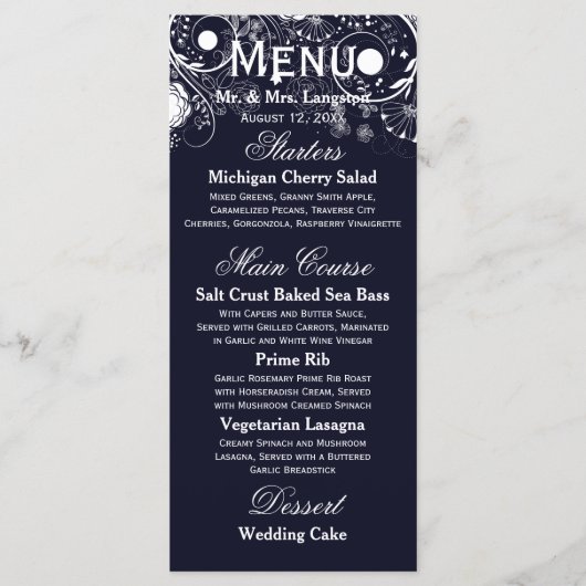 Bloemmotief Navy/Wit - Ontvangst Menu (Voorkant)
