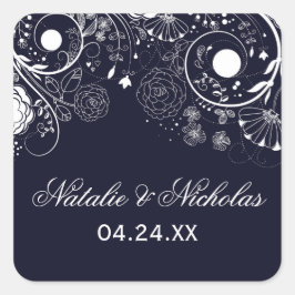 Bloemmotief Navy/Wit - Vierkante Sticker