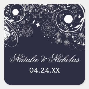 Bloemmotief Navy/Wit - Vierkante Sticker