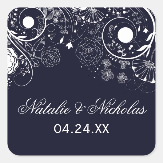 Bloemmotief Navy/Wit - Vierkante Sticker (Voorkant)