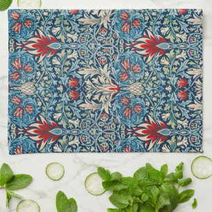Bloemmotief op groene bladeren blauwe achtergrond theedoek