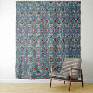 Bloemmotief op groene bladeren blauwe achtergrond wandkleed