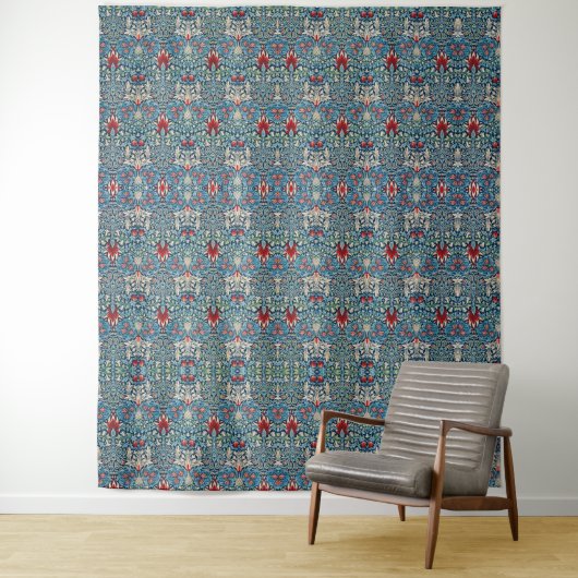 Bloemmotief op groene bladeren blauwe achtergrond wandkleed (In situ)