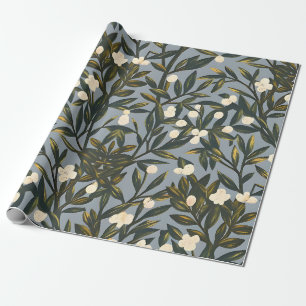 Bloemmotief op stoffig blauw-grijze achtergrond cadeaupapier