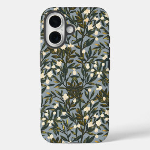 Bloemmotief op stoffige blauw-grijze achtergrond iPhone 16 hoesje