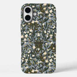 Bloemmotief op stoffige blauw-grijze achtergrond iPhone 16 plus hoesje