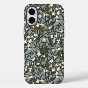 Bloemmotief op stoffige blauw-grijze achtergrond iPhone 16 plus hoesje