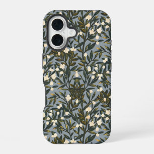 Bloemmotief op stoffige blauw-grijze achtergrond iPhone 16 hoesje