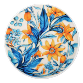 Bloemmotief- Oranje en Blauw Keramische Knop