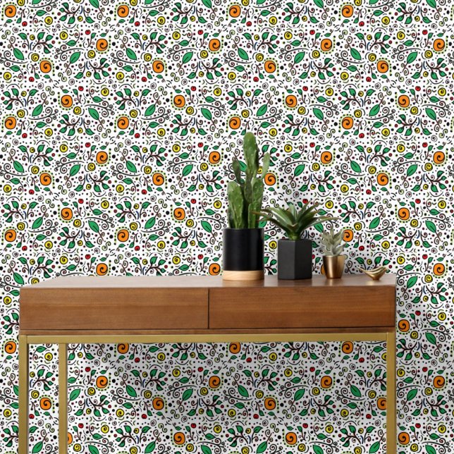 Bloemmotief oranje Wervel Bes op Wit -  Behang (Creator heeft geüpload)