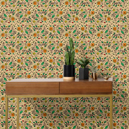 Bloemmotief oranje Werveling Bes op Oranje -  Behang