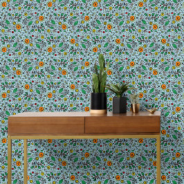 Bloemmotief oranje Werveling Bes op Teal -  Behang