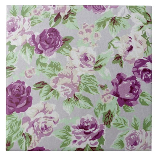 Bloemmotief Paarse Bloemen Groen Loof Tegeltje (Voorkant)