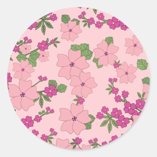 Bloemmotief, pastelpaars en paars, ronde sticker (Voorkant)