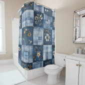 Bloemmotief Patchwork Patroon | Boho Denim Douchegordijn (In situ)