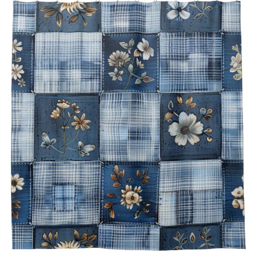 Bloemmotief Patchwork Patroon | Boho Denim Douchegordijn (Voorkant)