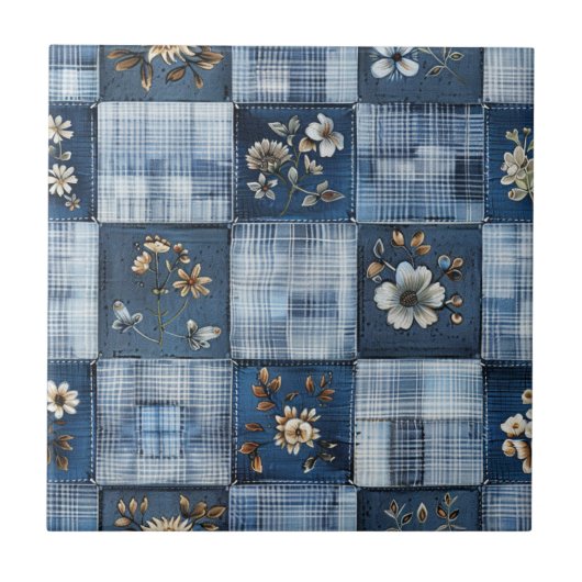 Bloemmotief Patchwork Patroon | Boho Denim Tegeltje (Voorkant)