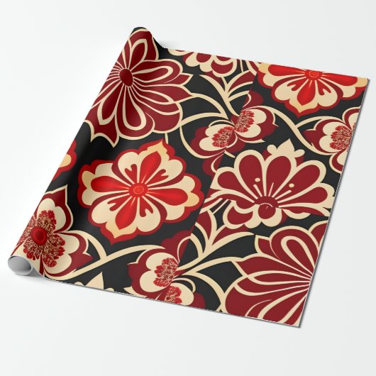  bloemmotief rood groen cadeaupapier (Uitgerold)