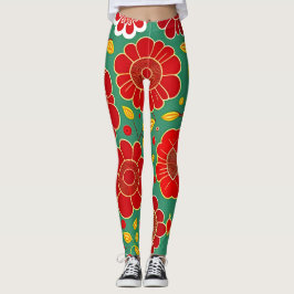  bloemmotief rood groen retro bloemmotief leggings