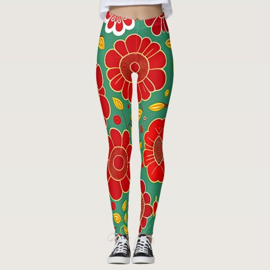 bloemmotief rood groen retro bloemmotief leggings (Voorkant)