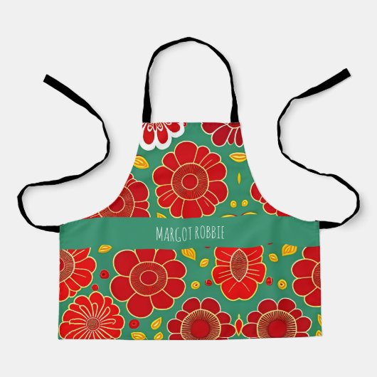  bloemmotief rood groen retro bloemmotief schort (Voorkant)