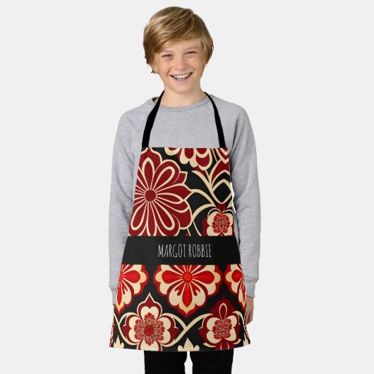  bloemmotief rood groen schort (Gedragen)