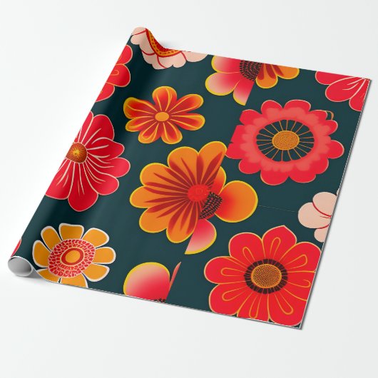  bloemmotief rood zwart cadeaupapier (Uitgerold)