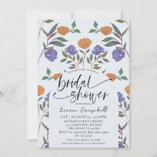 Bloemmotief Stofblauw & Oranje Bruidsdouche Kaart