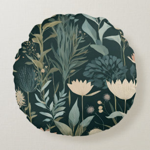 Bloemmotief van de botanische tuin op een sombere rond kussen