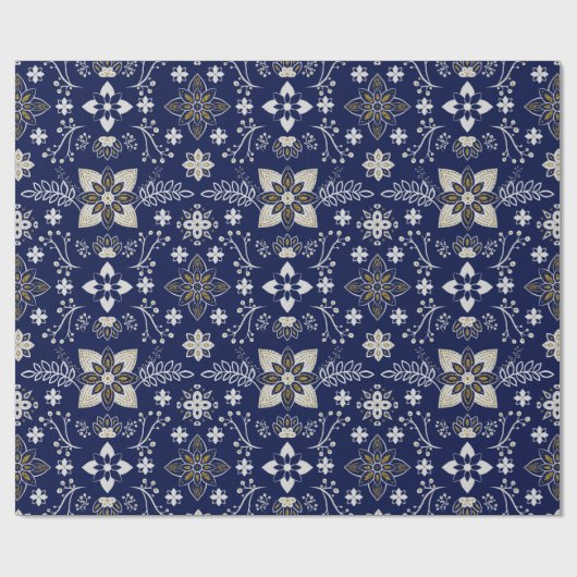 Bloemmotief van geel en wit op marineblauw cadeaupapier (Vlak)