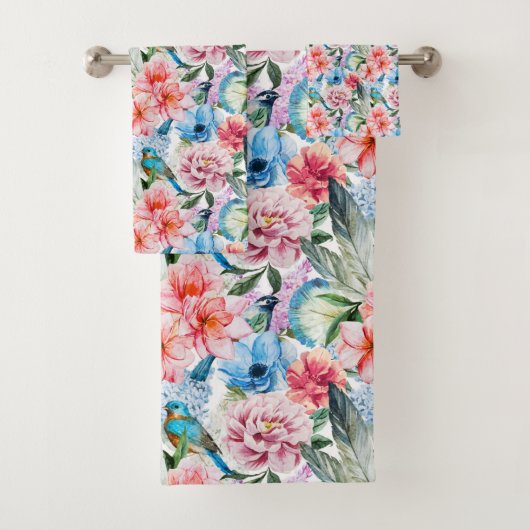 Bloemmotief Vogels Gebladerte Bloemen Groen Blauw Bad Handdoek (Insitu)