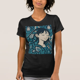 Bloemmotief Vrouw Illustratie in Teal en Marinebla T-shirt